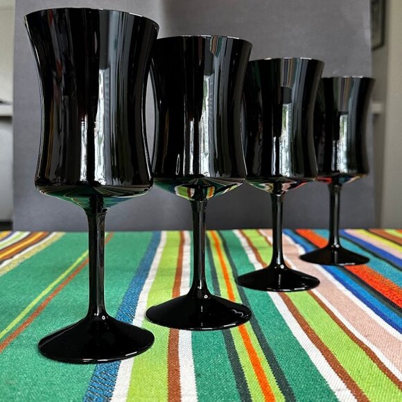 Zbigniew Horbowy Design 4 Black Glass Wine Goblets Vintage MCM Poland 1970s - Picture 10 of 12